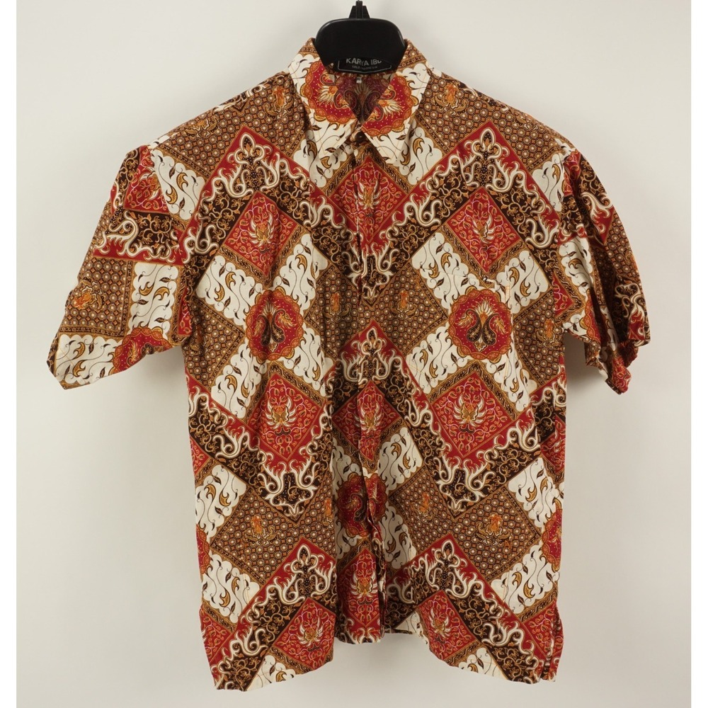 Vintage Karya Ibu Batik Indonesian Mosaic Paisley Floral Shirt Mens XL Geometric